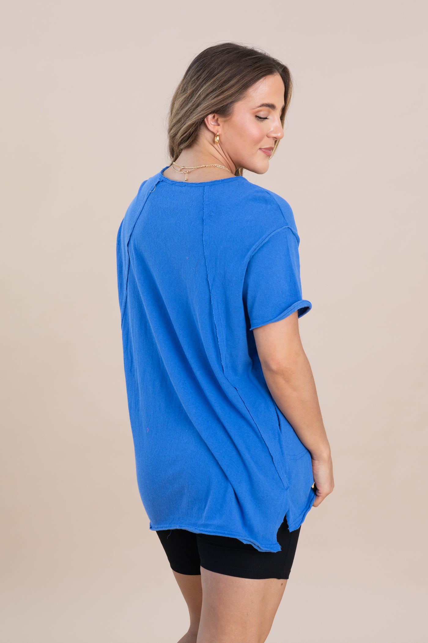 Oversized V-Neck Pocket Short Sleeve Knit Top