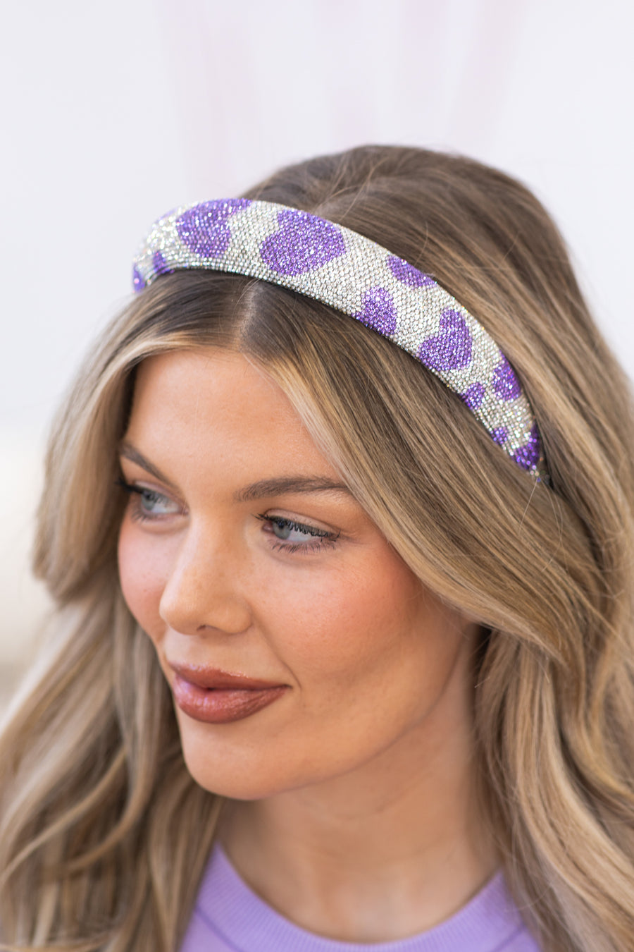 Silver Rhinestone With Purple Hearts Headband