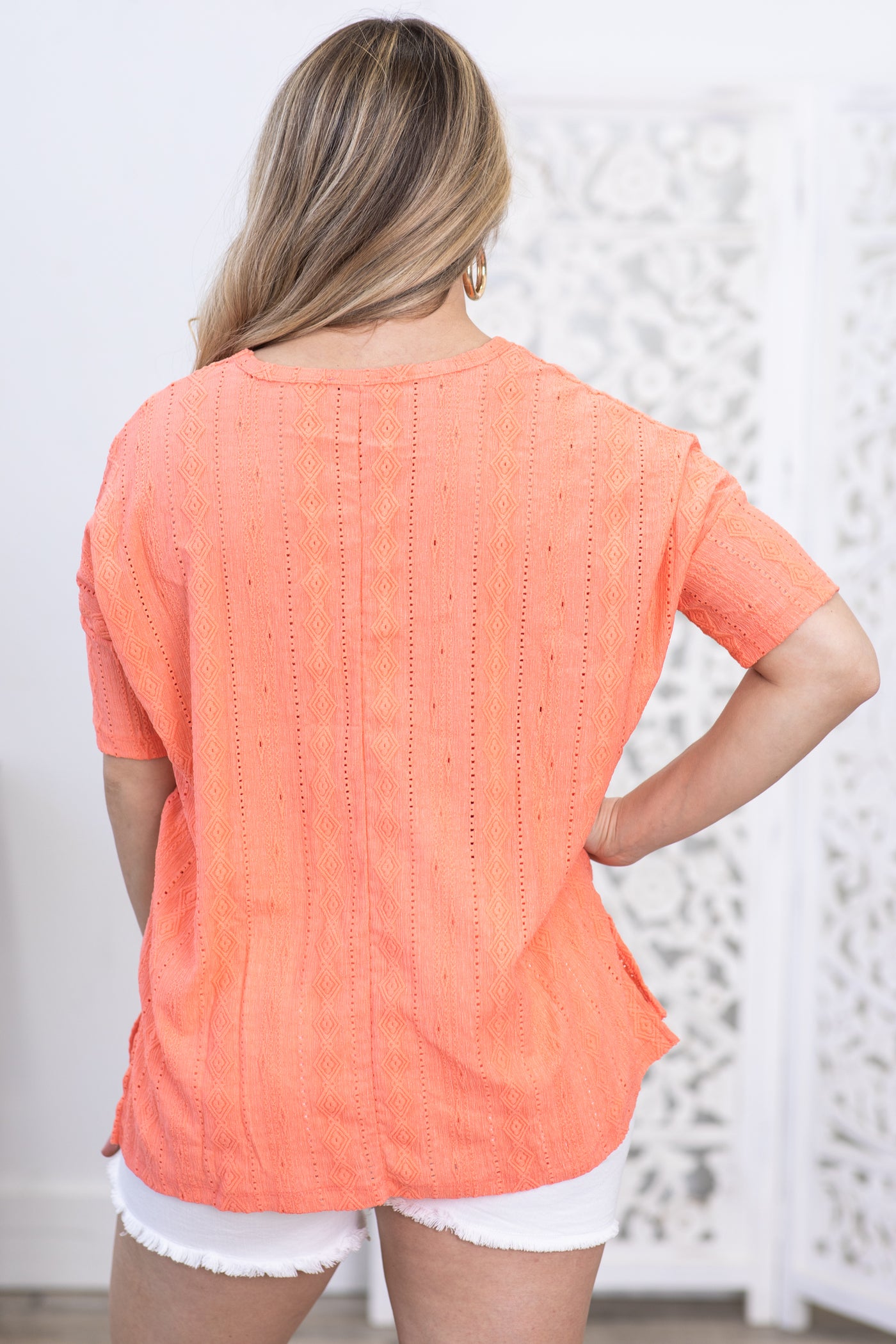 Coral Textured V-Neck Drop Shoulder Top