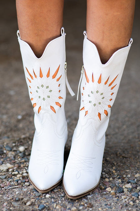 White Laser Cut Sunburst Detail Western Boots - Filly Flair