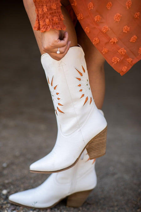 White Laser Cut Sunburst Detail Western Boots - Filly Flair