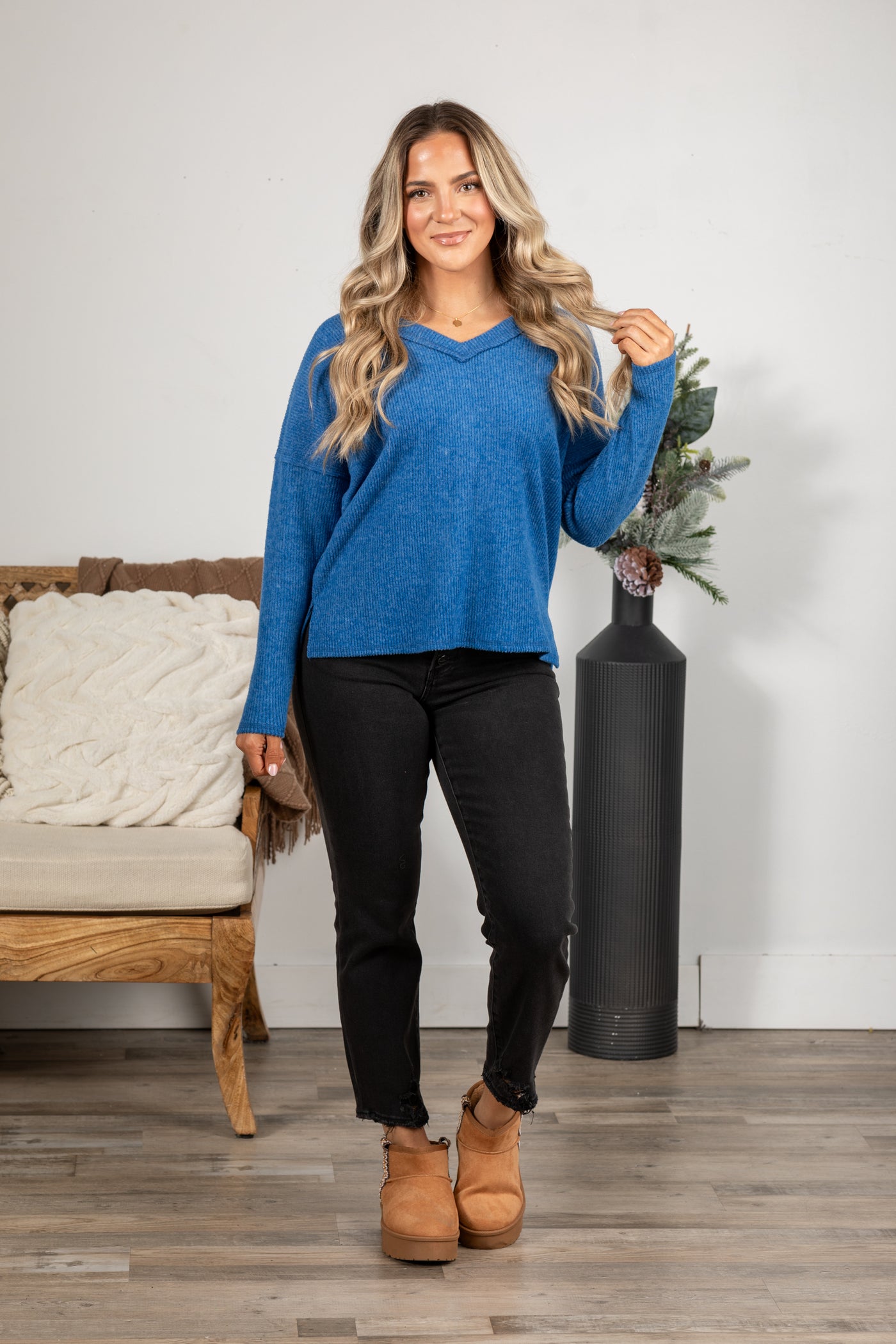 V-Neck Ribbed Drop Shoulder Knit Top