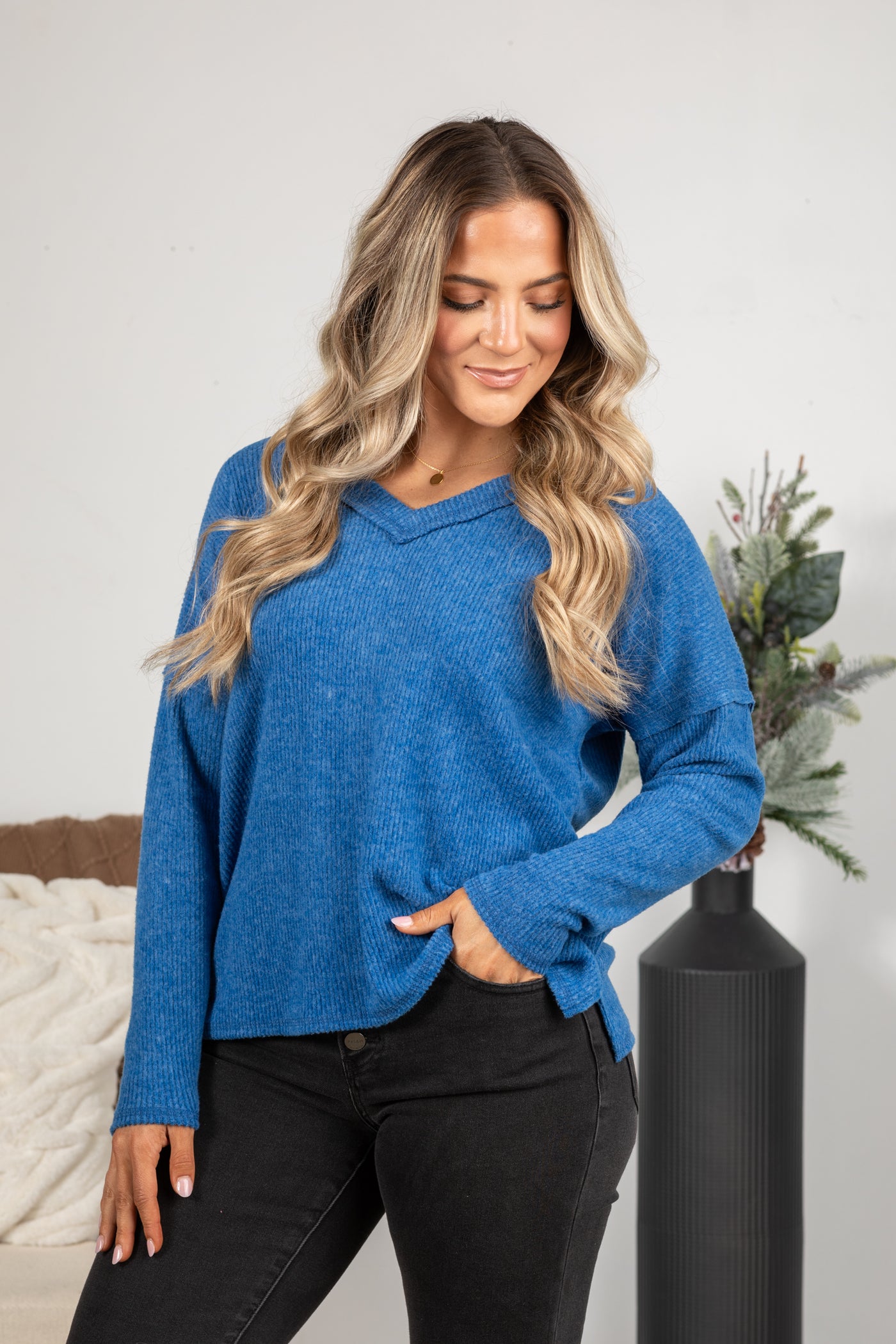 V-Neck Ribbed Drop Shoulder Knit Top