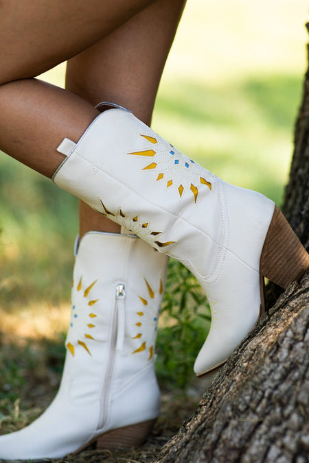 Cream Laser Cut Sunburst Detail Western Boots - Filly Flair