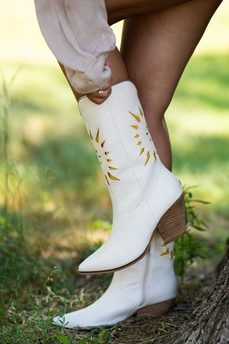 Cream Laser Cut Sunburst Detail Western Boots - Filly Flair