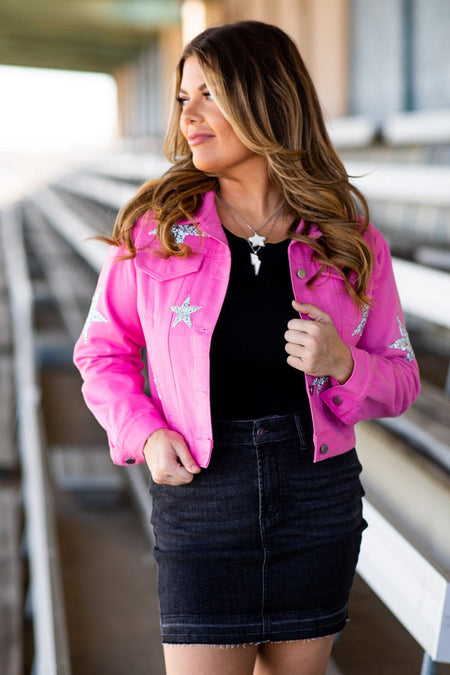 Pink Denim Jacket With Silver Sequin Stars - Filly Flair