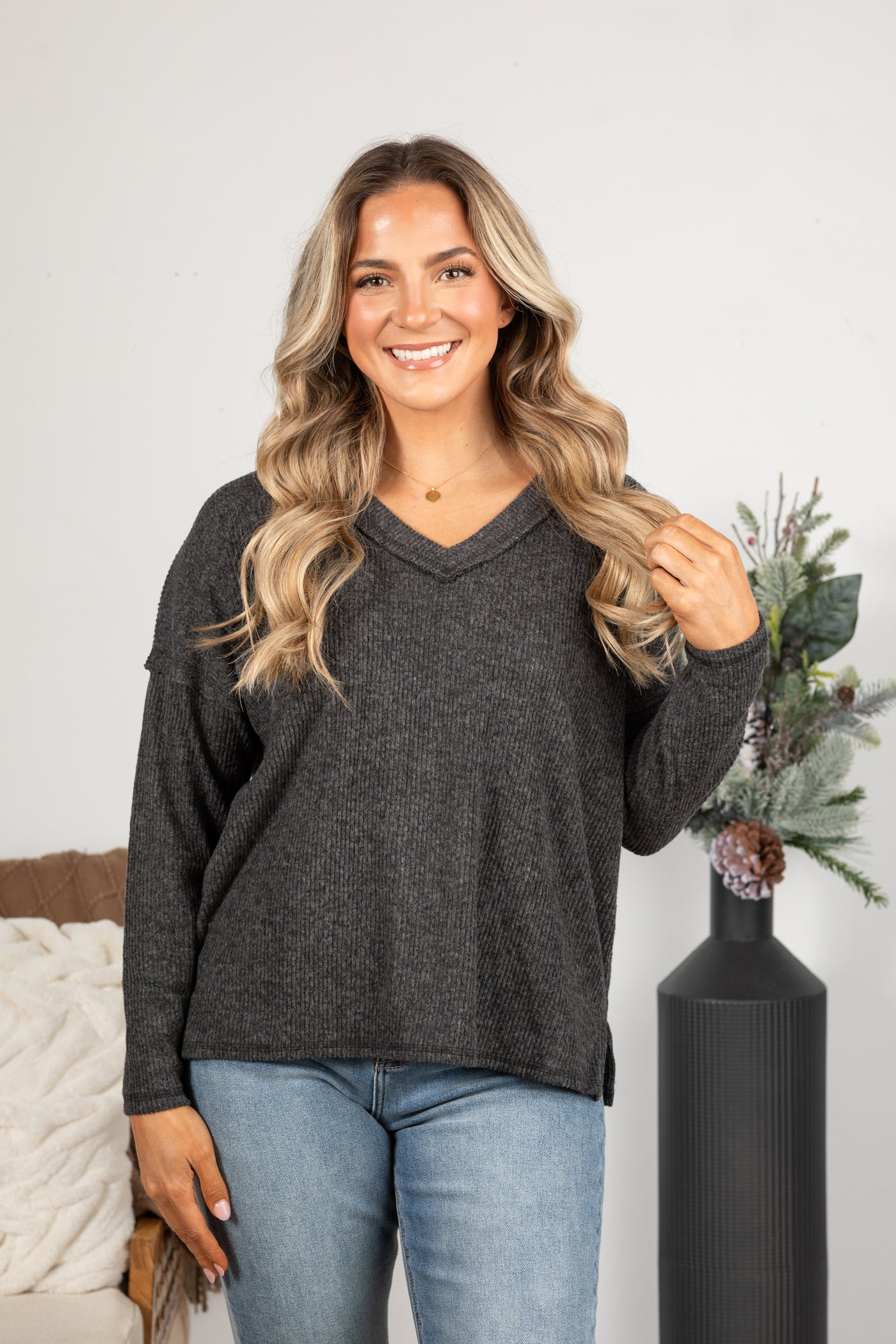 V-Neck Ribbed Drop Shoulder Knit Top