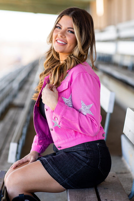 Pink Denim Jacket With Silver Sequin Stars - Filly Flair