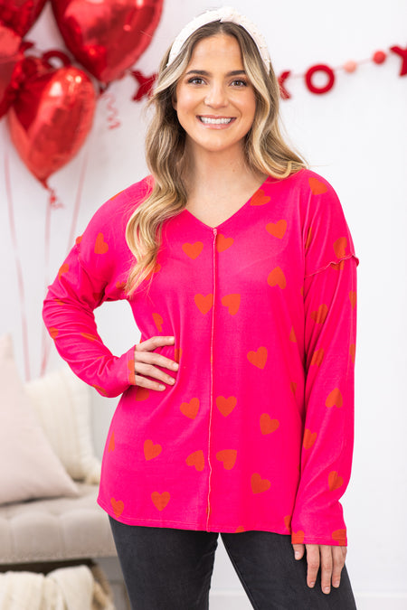 Hot Pink With Red Hearts Long Sleeve