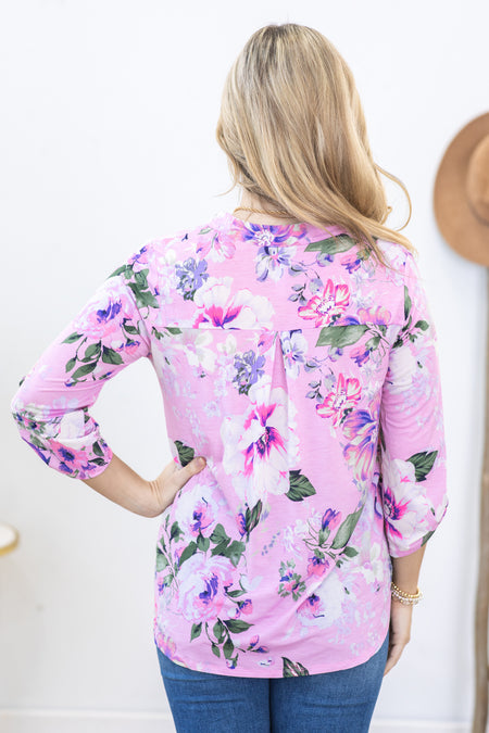 Lavender Floral V-Neck Wrinkle Free Lizzy Top