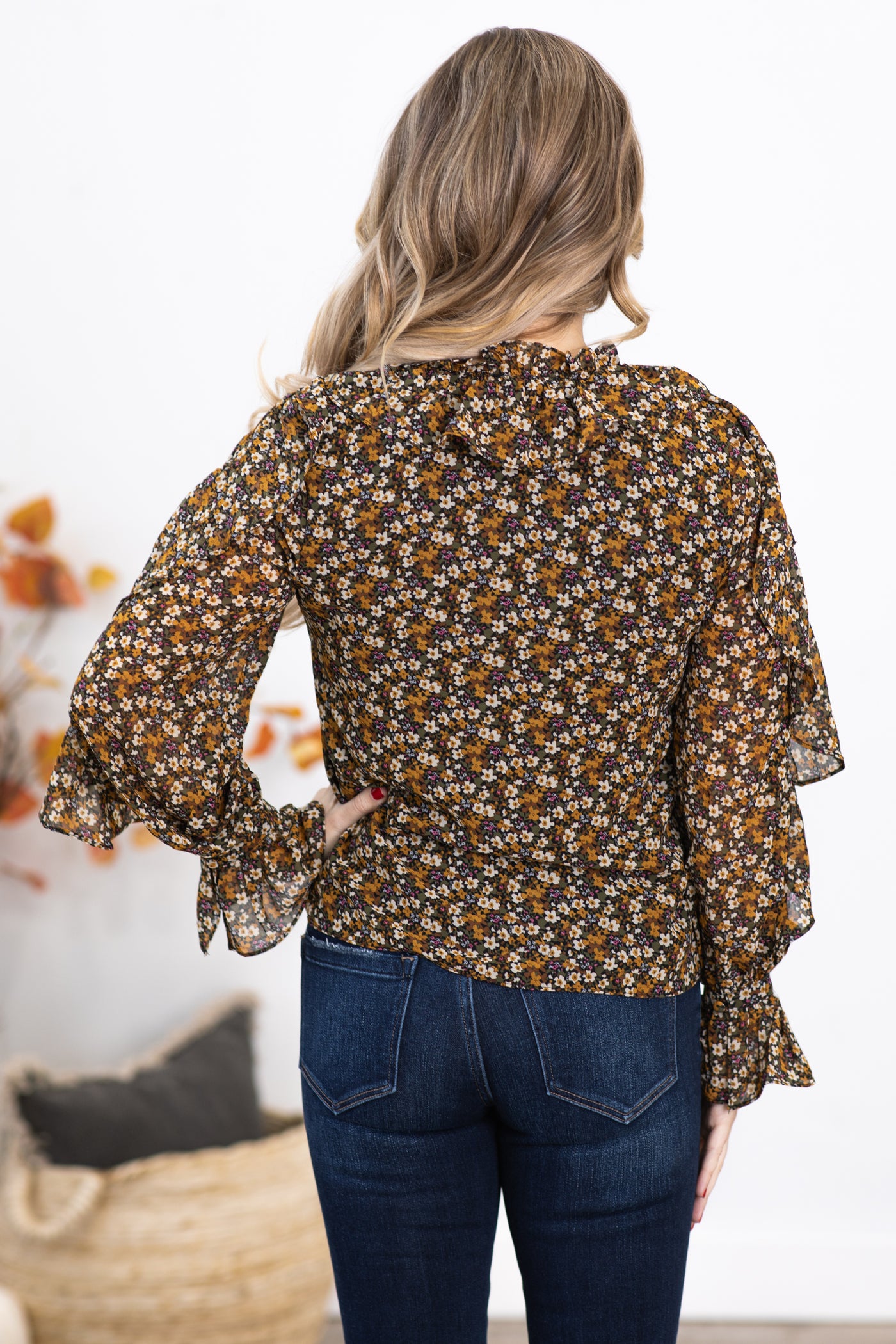 Olive Ditsy Floral Top With Ruffle Detail