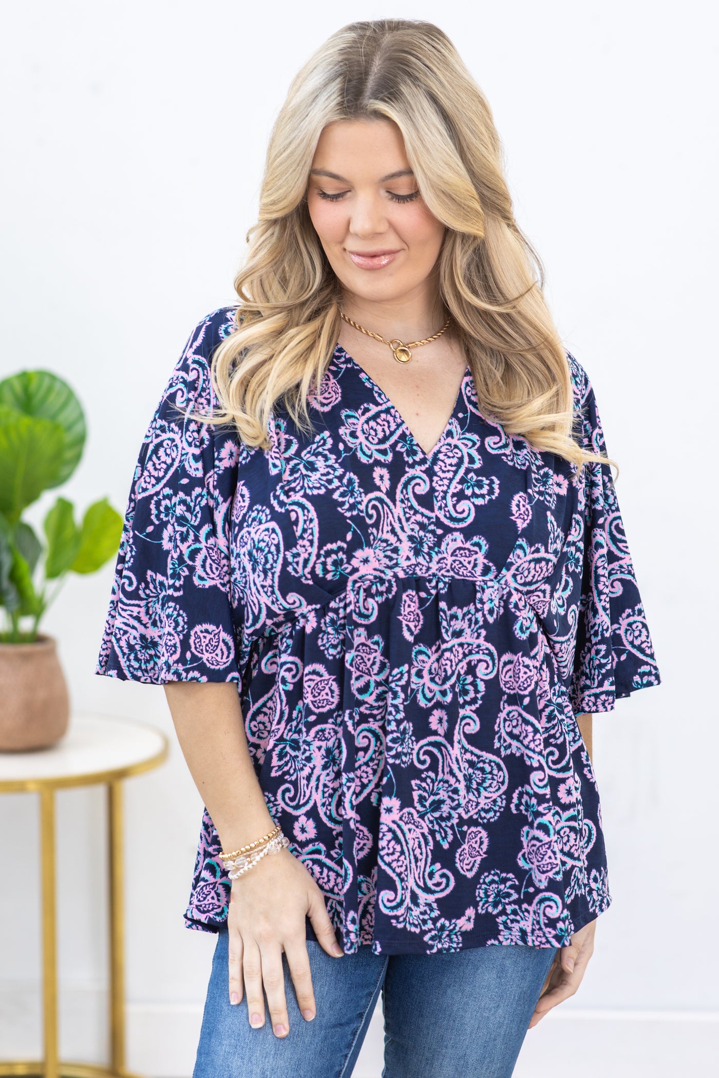 Navy Floral V-Neck Wrinkle Free Knit Top