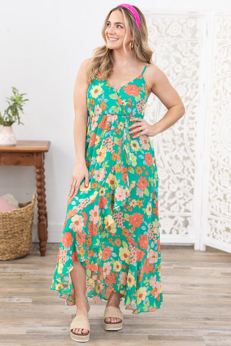 Jade With Multicolor Flowers Maxi Dress