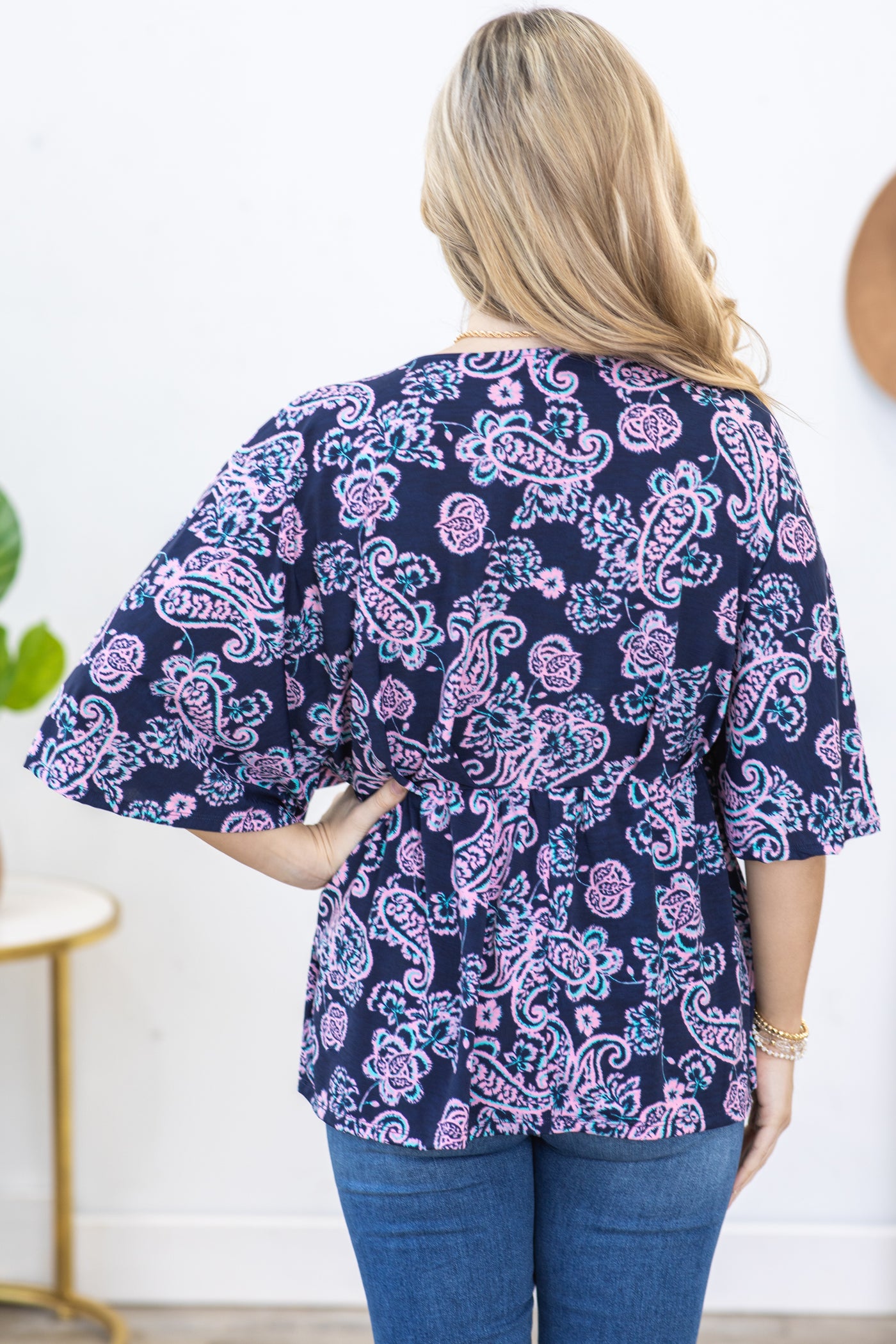 Navy Floral V-Neck Wrinkle Free Knit Top