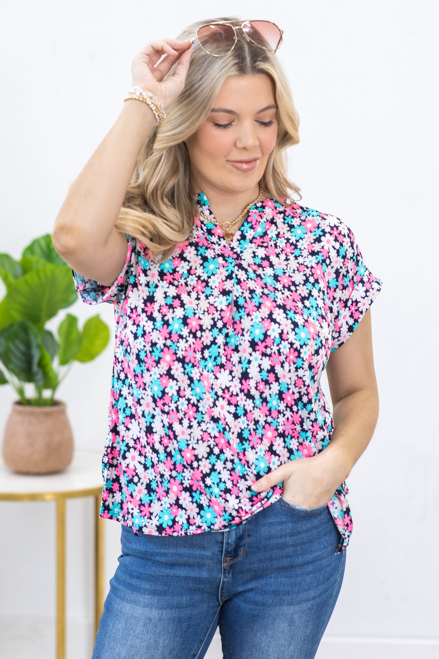 Navy Floral Wrinkle Free Lizzy Top