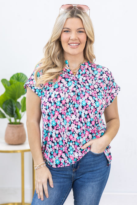 Navy Floral Wrinkle Free Lizzy Top