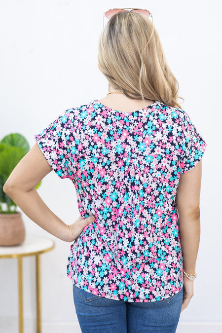 Navy Floral Wrinkle Free Lizzy Top