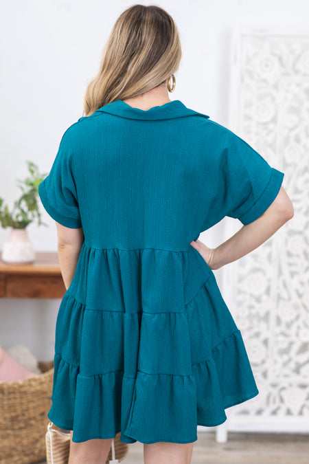 Teal Woven Short Sleeve Collar Button Dress