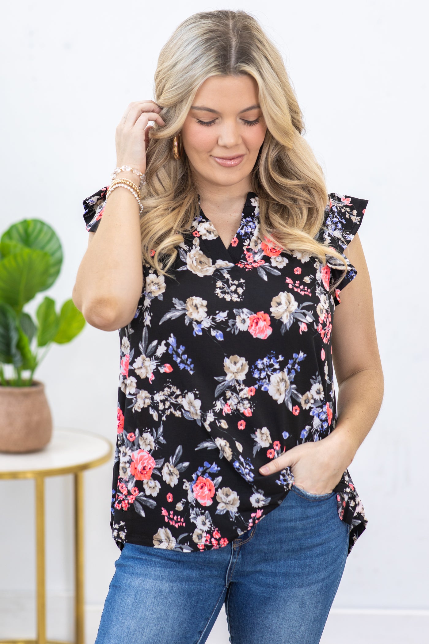 Black Floral Ruffle Sleeve Wrinkle Free Top