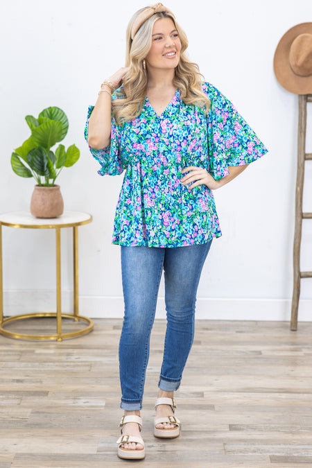 Royal Ditsy Floral V-Neck Wrinkle Free Top