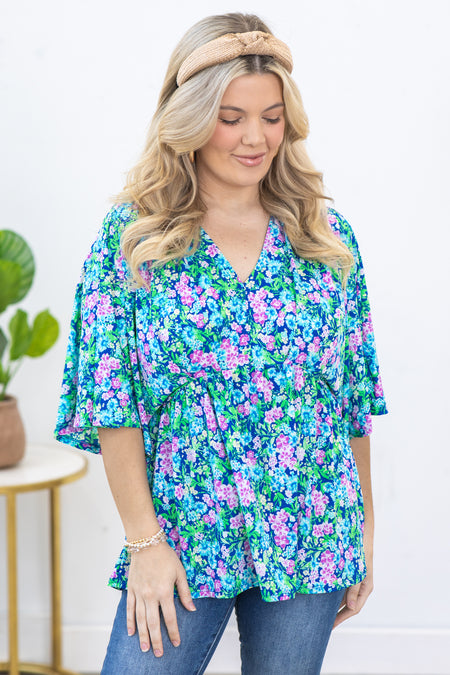 Royal Ditsy Floral V-Neck Wrinkle Free Top