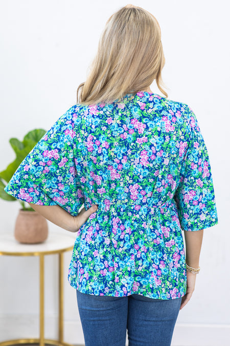 Royal Ditsy Floral V-Neck Wrinkle Free Top