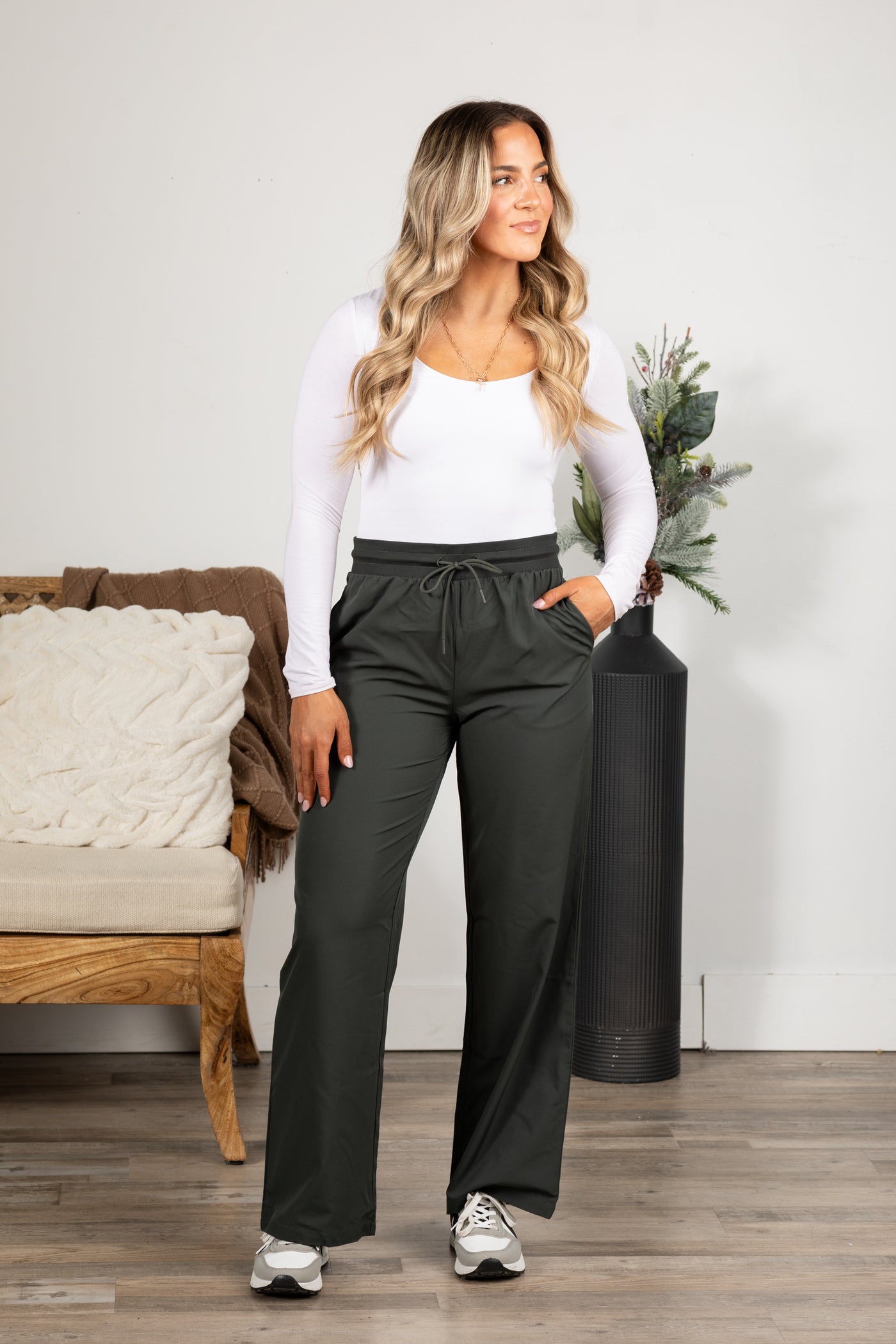 Charcoal Poly-Blend Wide Leg Active Pants