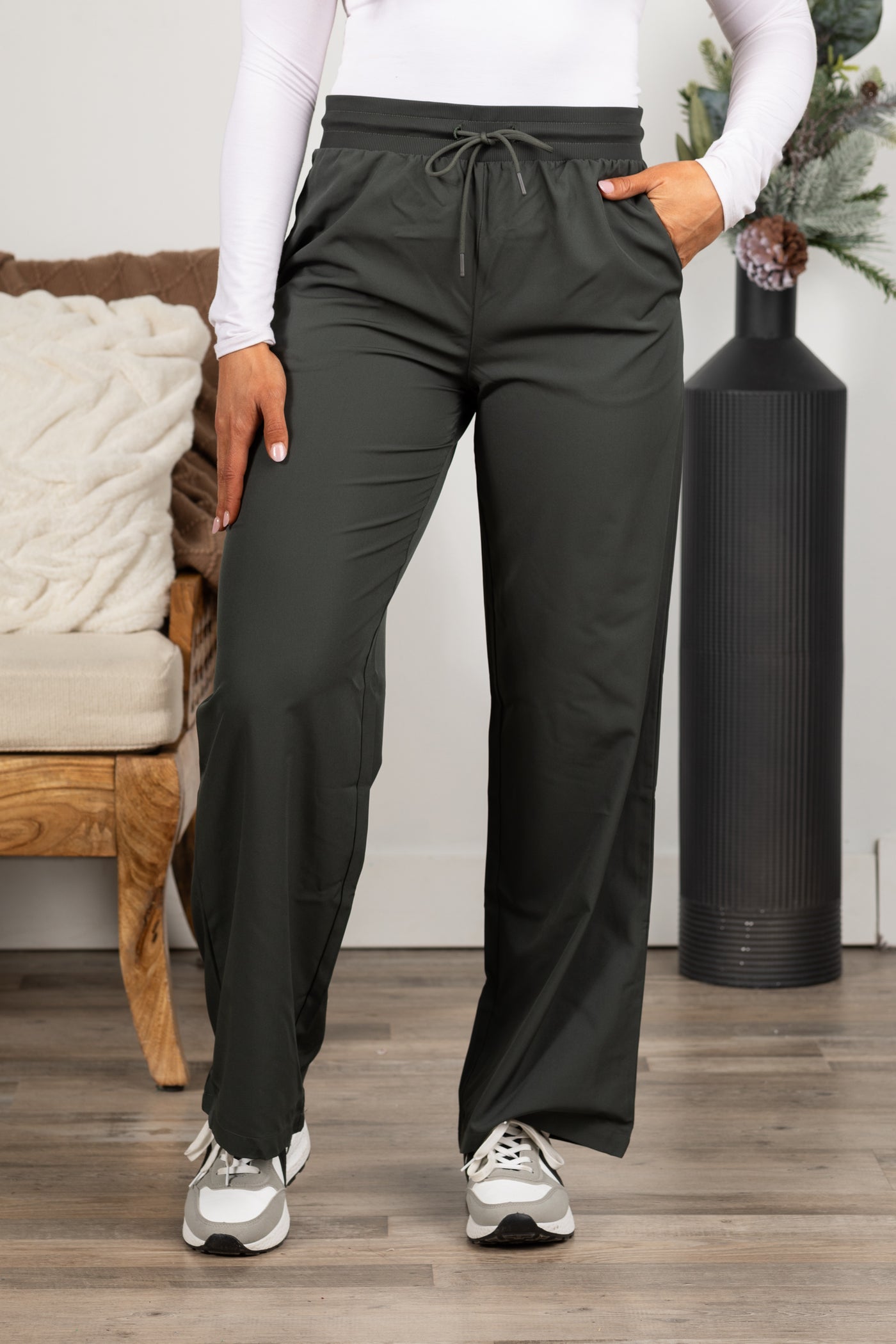 Charcoal Poly-Blend Wide Leg Active Pants