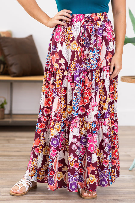 Pink Multicolor Floral Tiered Maxi Skirt - Filly Flair