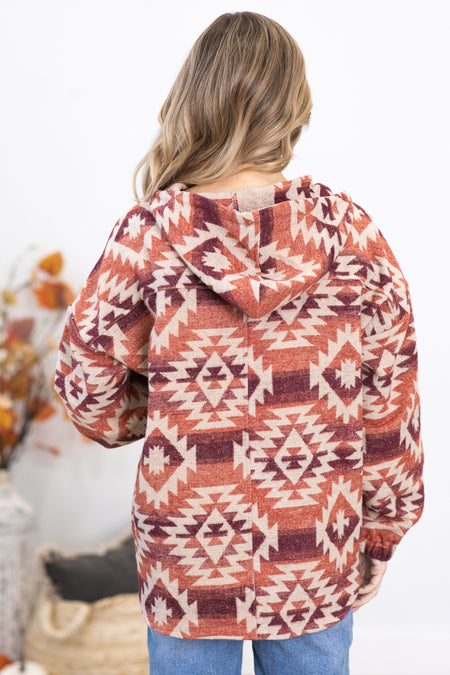 Rust Aztec Print 1/4 Zip Hooded Pullover