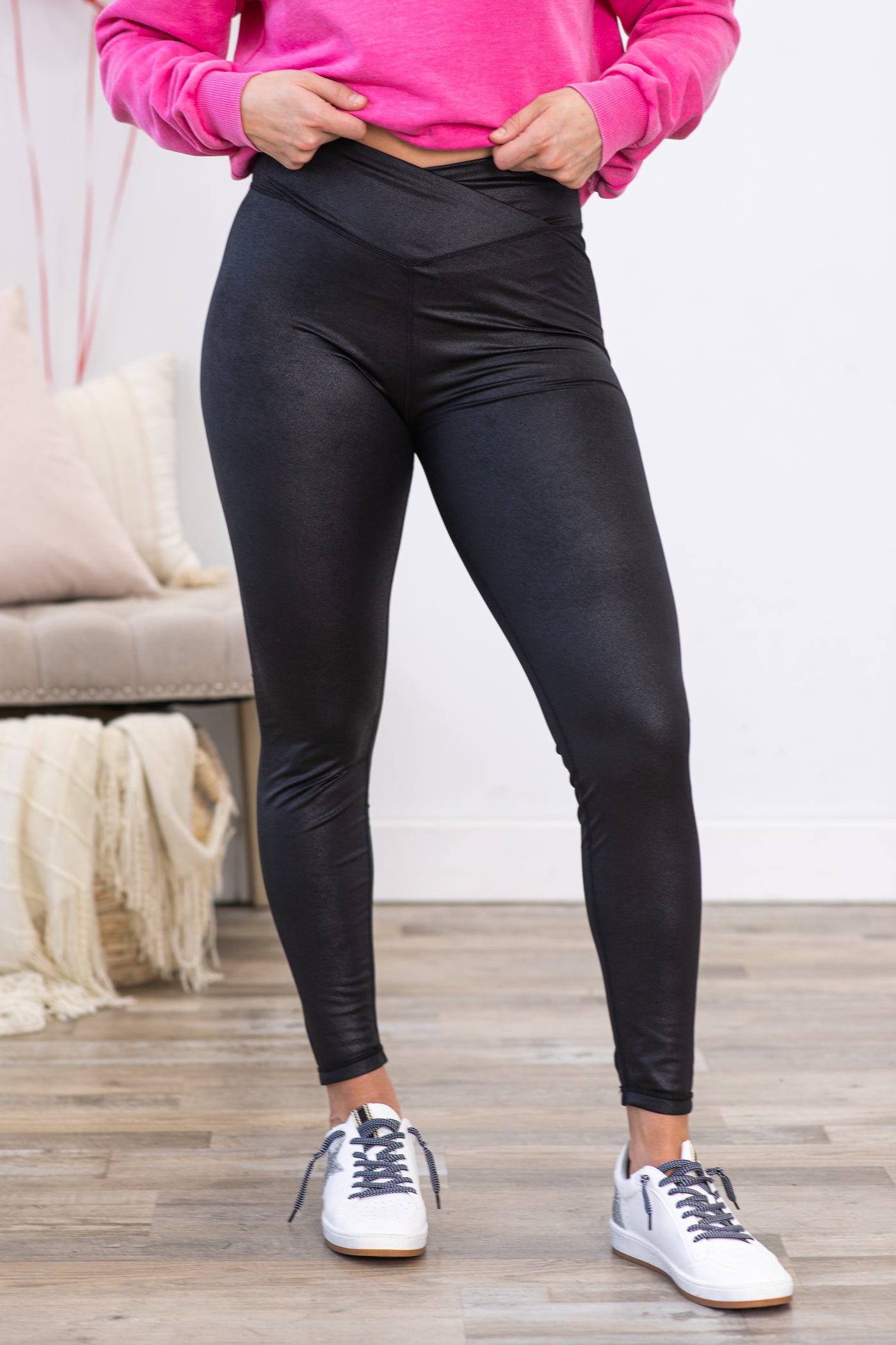 Black Crossover Waist Faux Leather Leggings · Filly Flair