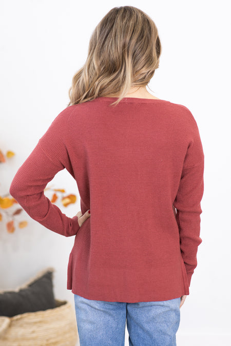 Wine Mini Waffle Center Seam Sweater