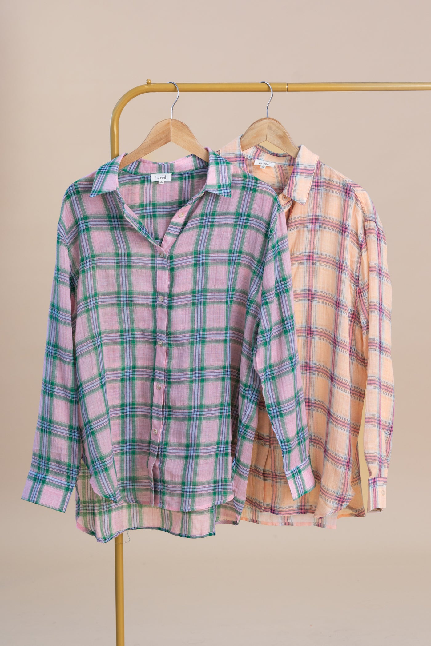 Pink Plaid Print Button Down Shirts