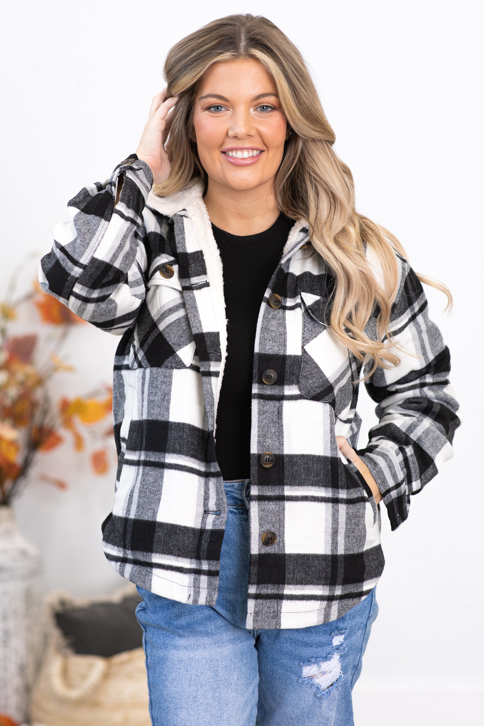 Black Plaid Jacket With Sherpa Collar Filly Flair