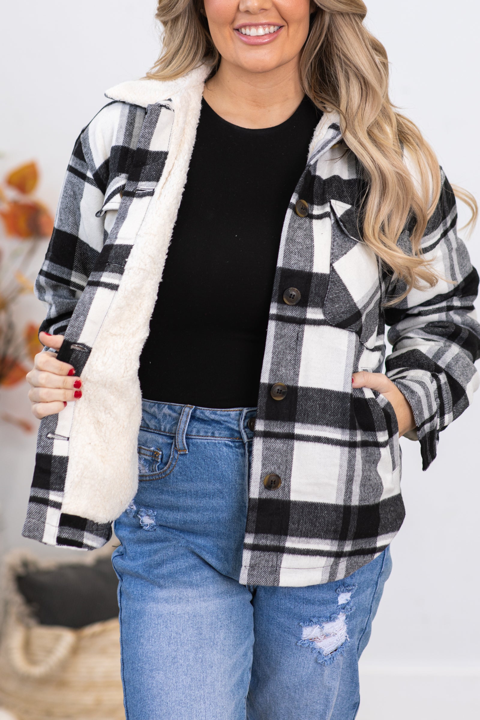 Flannel jacket store with sherpa collar