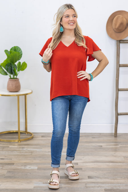 Crimson Woven Airflow Flutter Sleeve Top