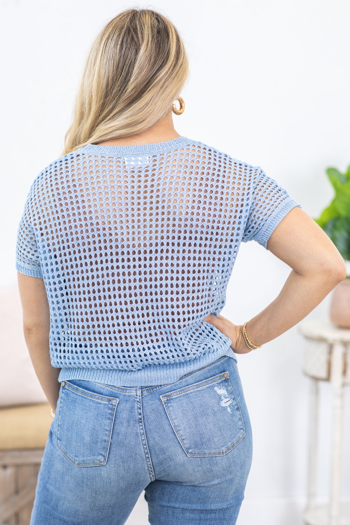 Blue Open Weave Crochet Short Sleeve Knit Top