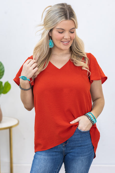 Crimson Woven Airflow Flutter Sleeve Top