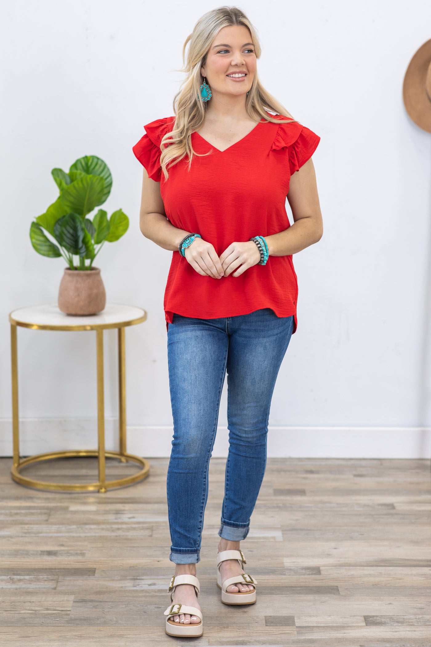 Red V-Neck Airflow Ruffle Detail Top