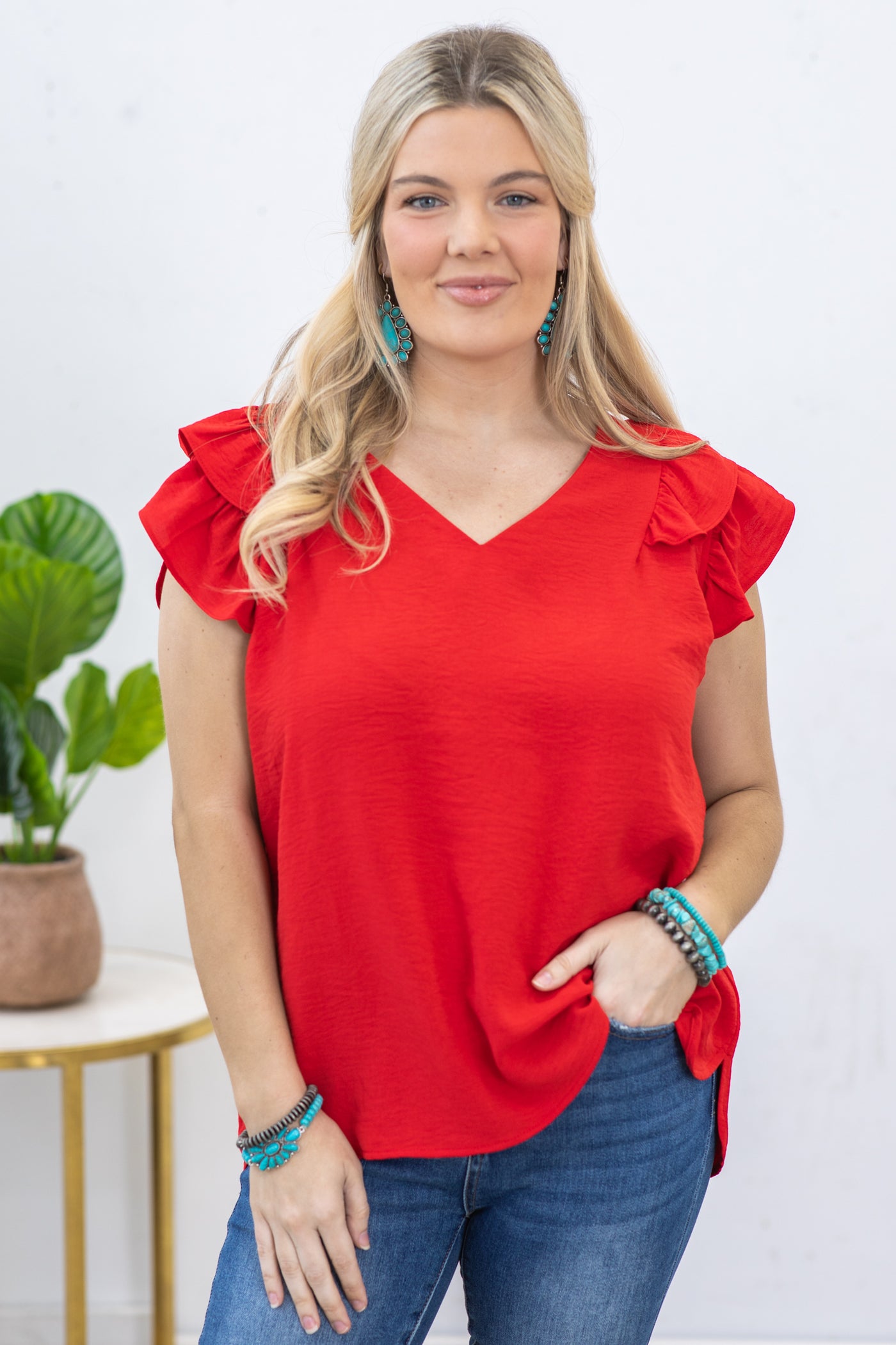 Red V-Neck Airflow Ruffle Detail Top