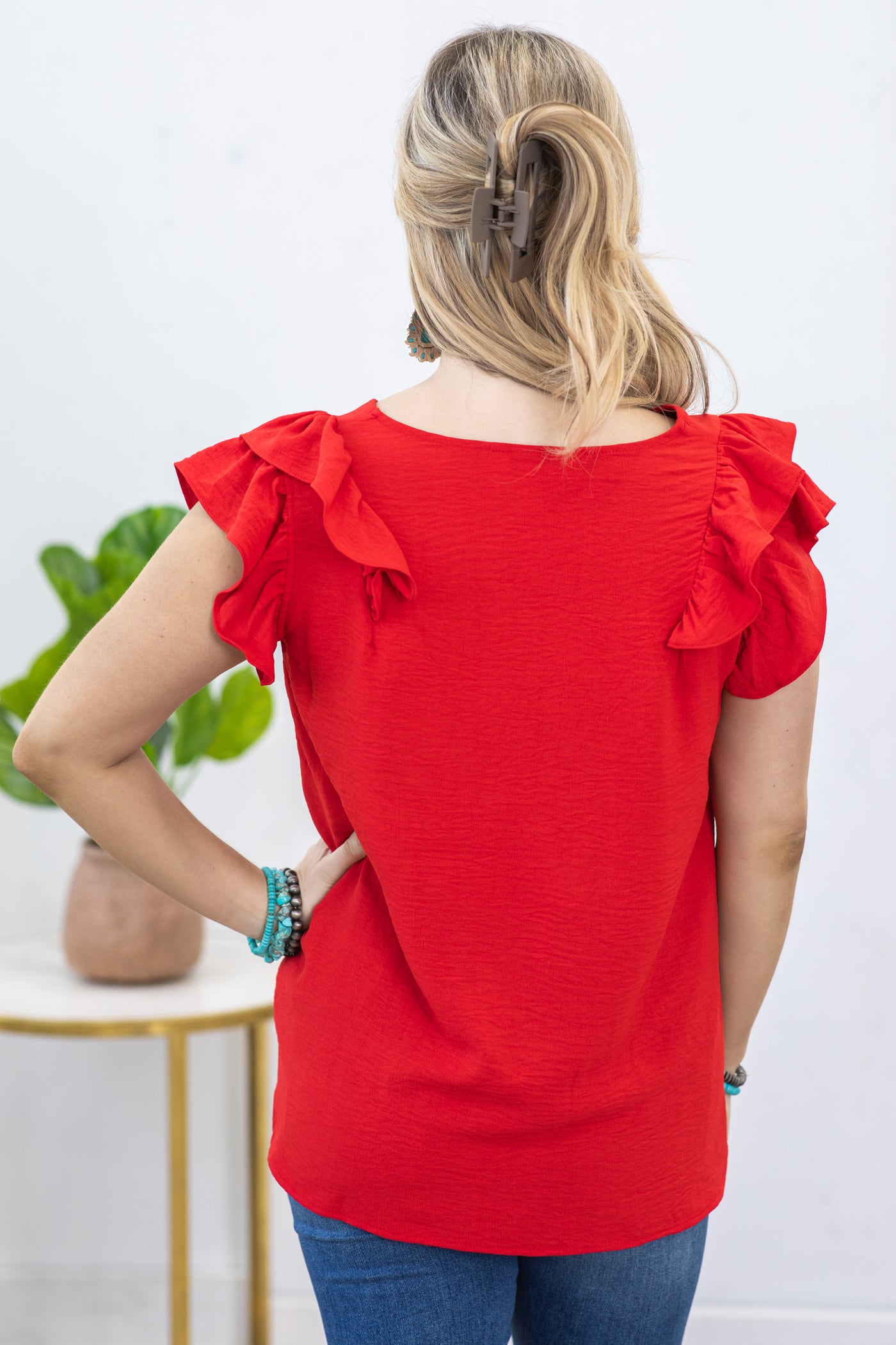 Red V-Neck Airflow Ruffle Detail Top