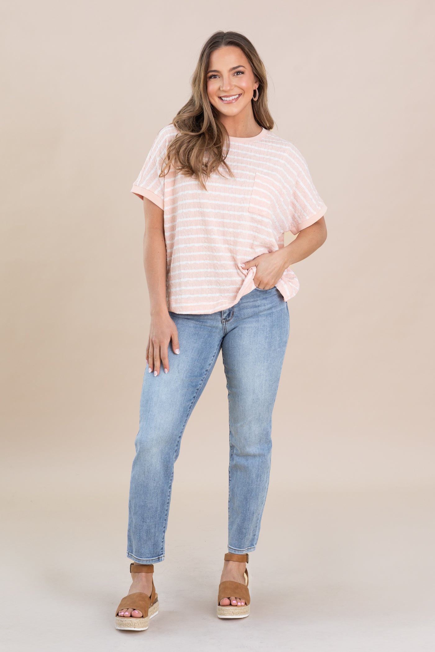 Peach Textured Stripe Knit Top