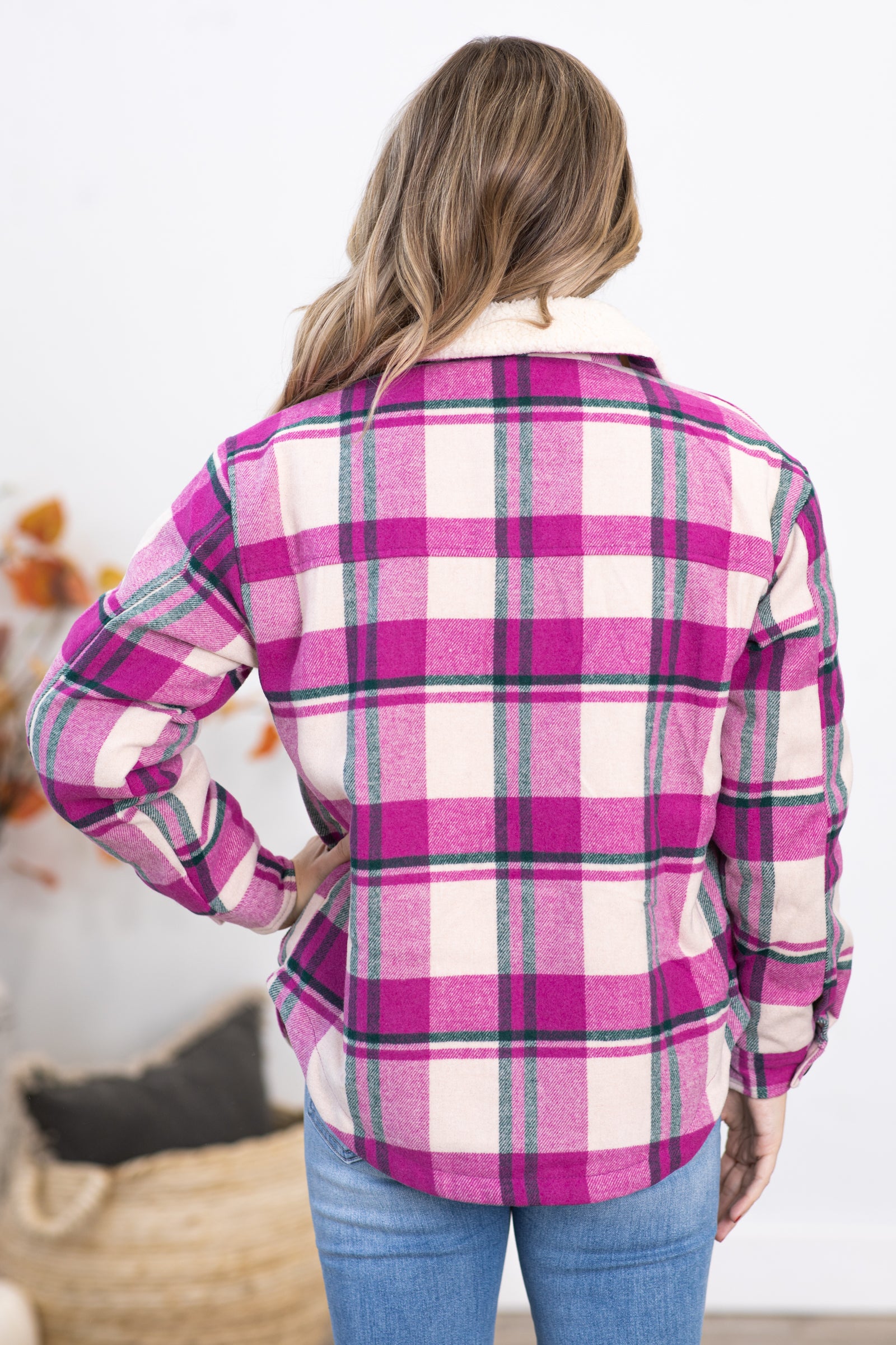 Bright Orchid Plaid Jacket With Sherpa Collar · Filly Flair