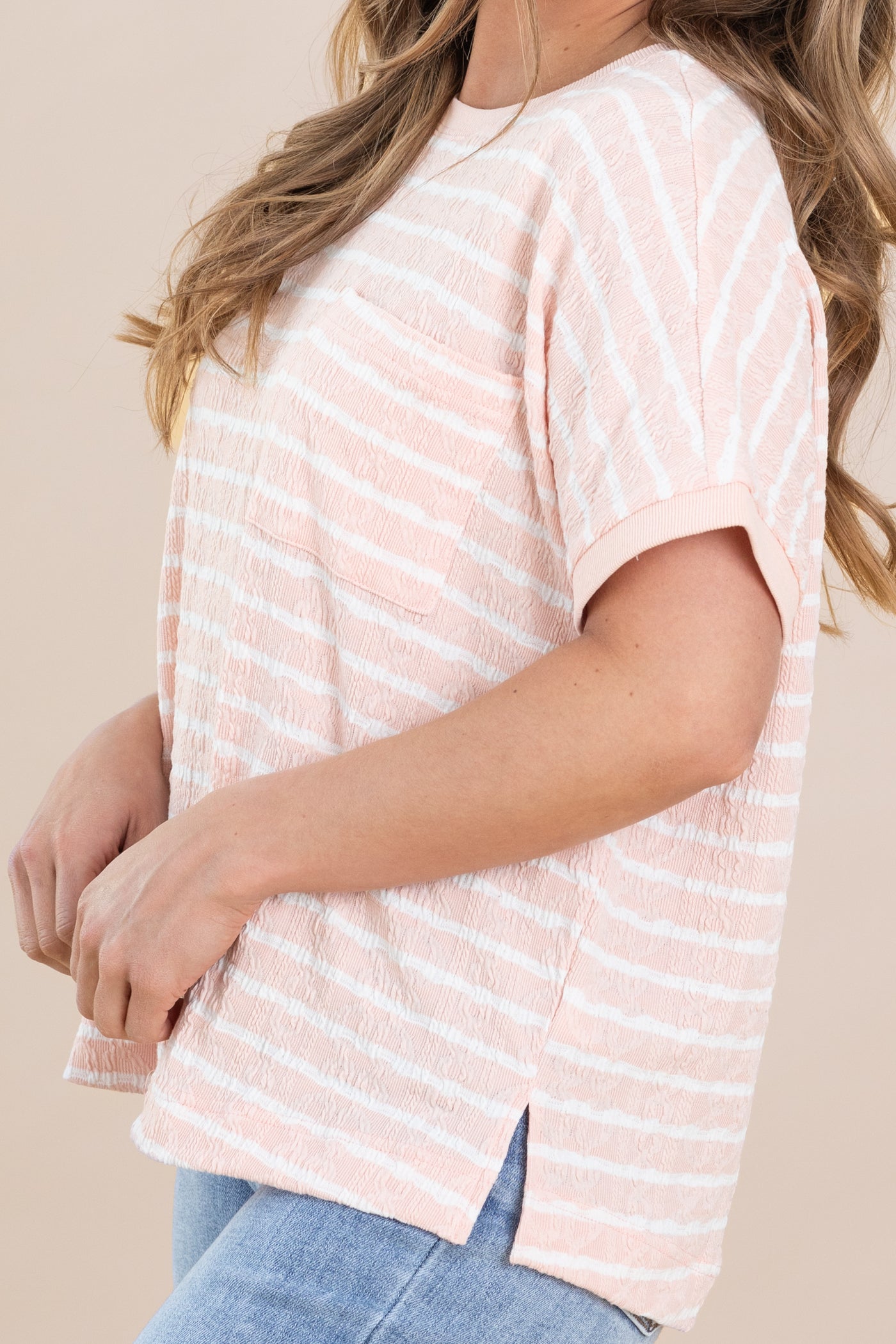 Peach Textured Stripe Knit Top