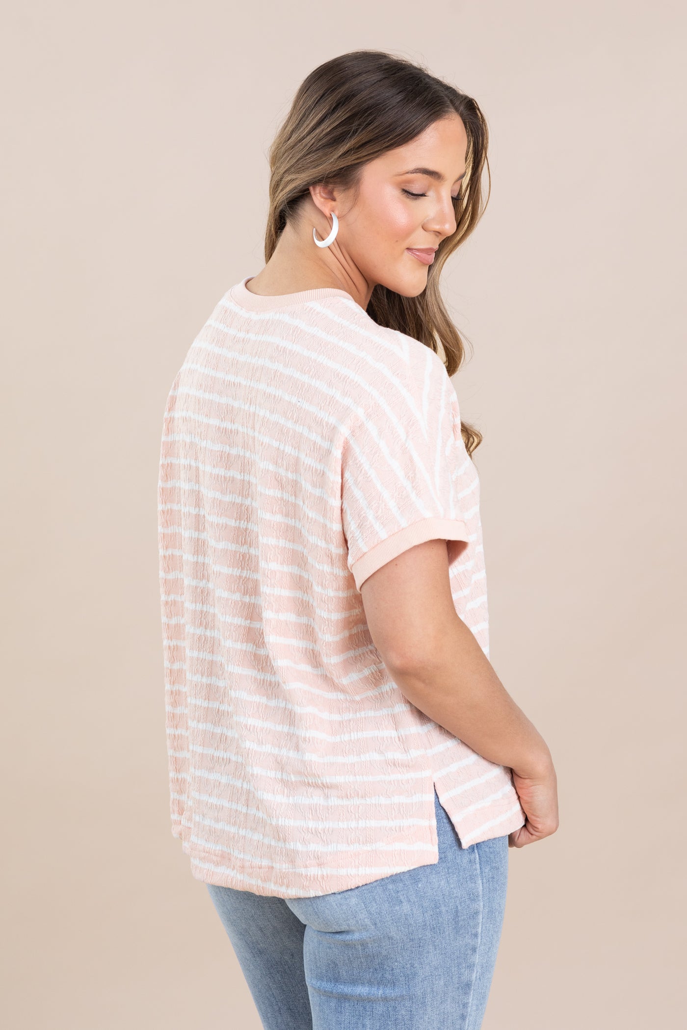 Peach Textured Stripe Knit Top