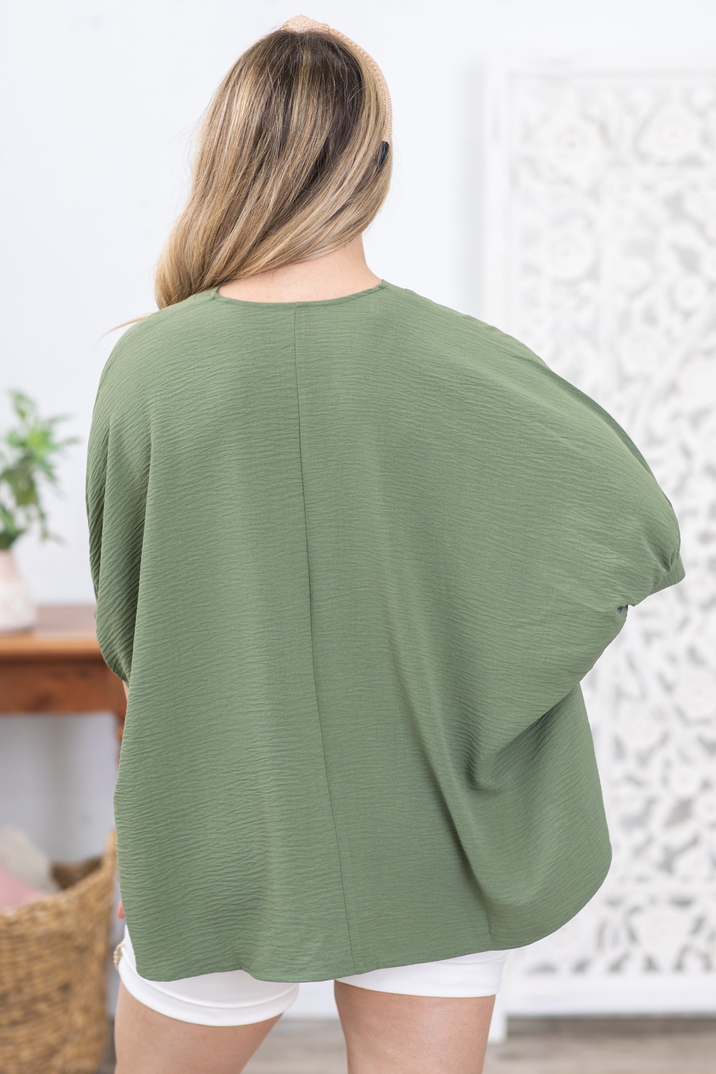 Olive Airflow Puff Sleeve Woven Top