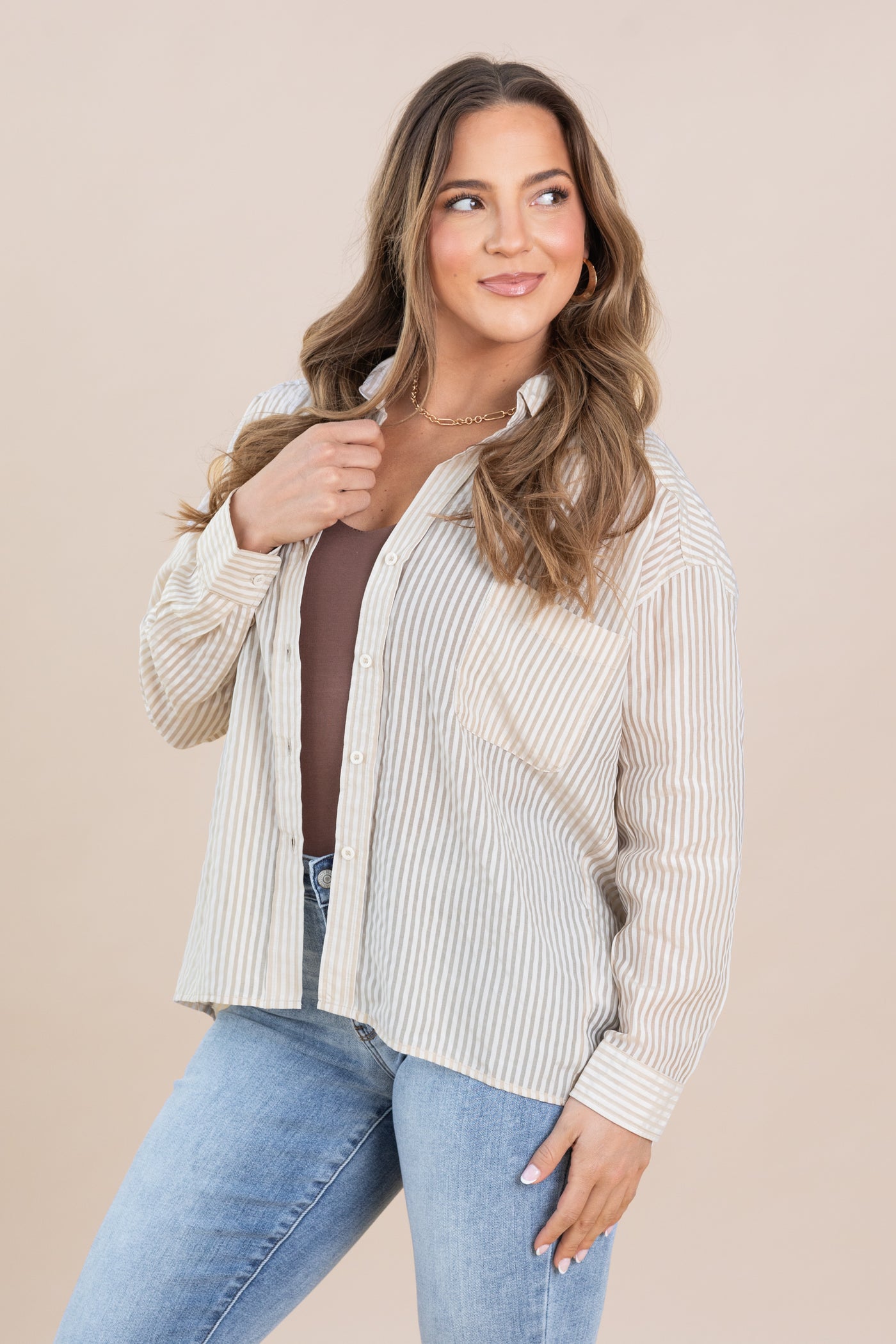 Light Khaki Stripe Sheer Oversized Button Down