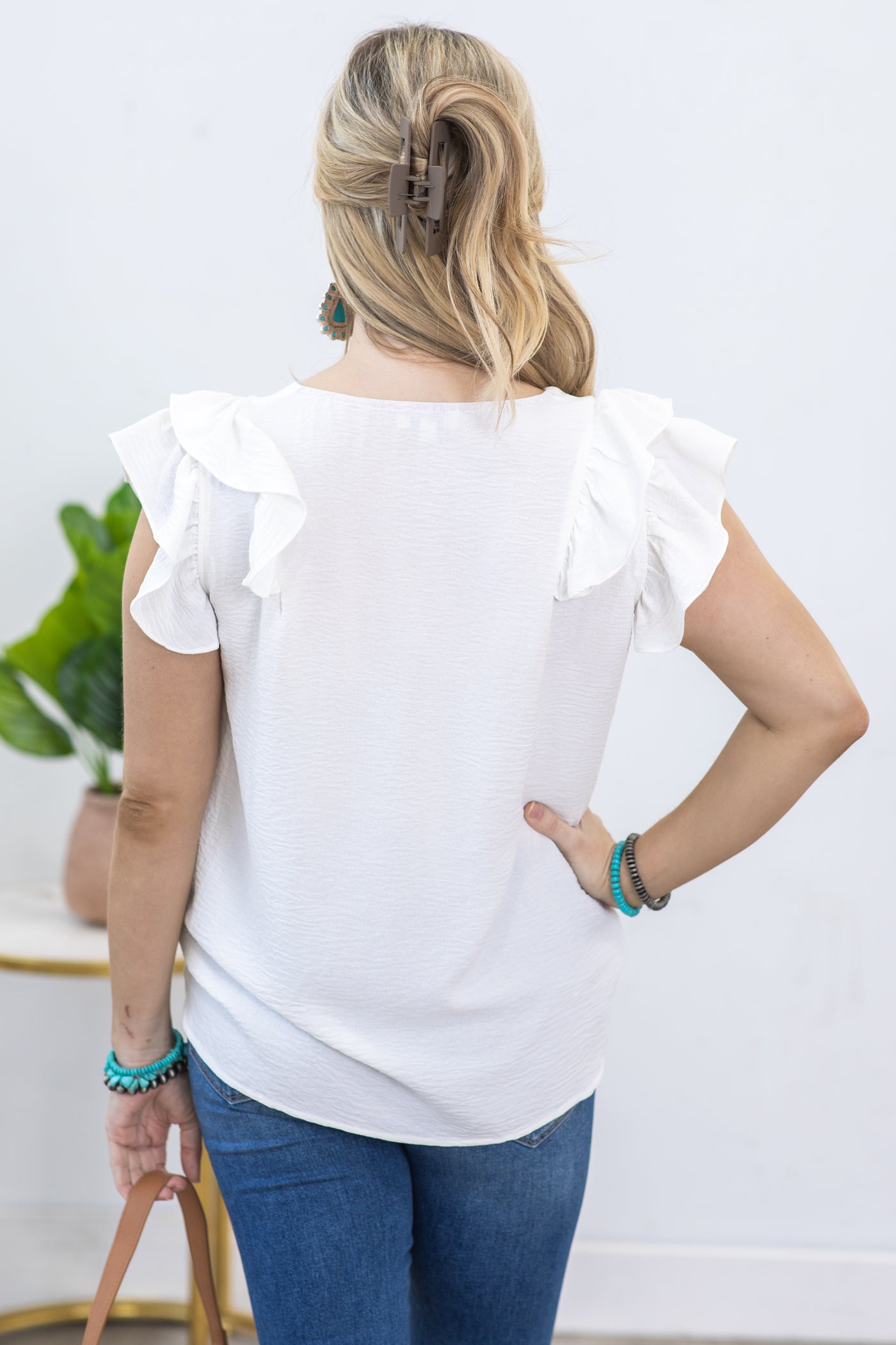 Off White V-Neck Airflow Ruffle Detail Top