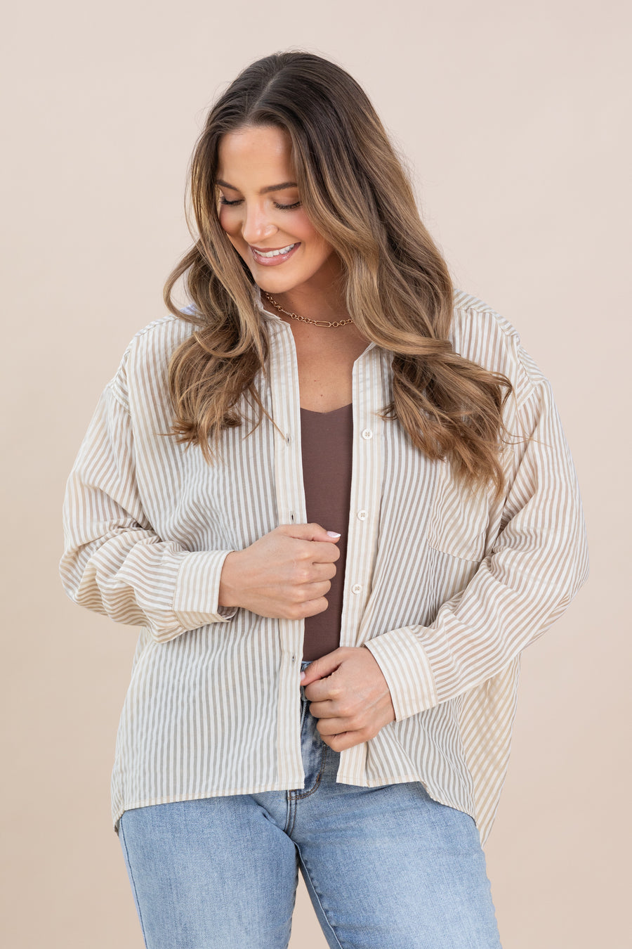 Light Khaki Stripe Sheer Oversized Button Down