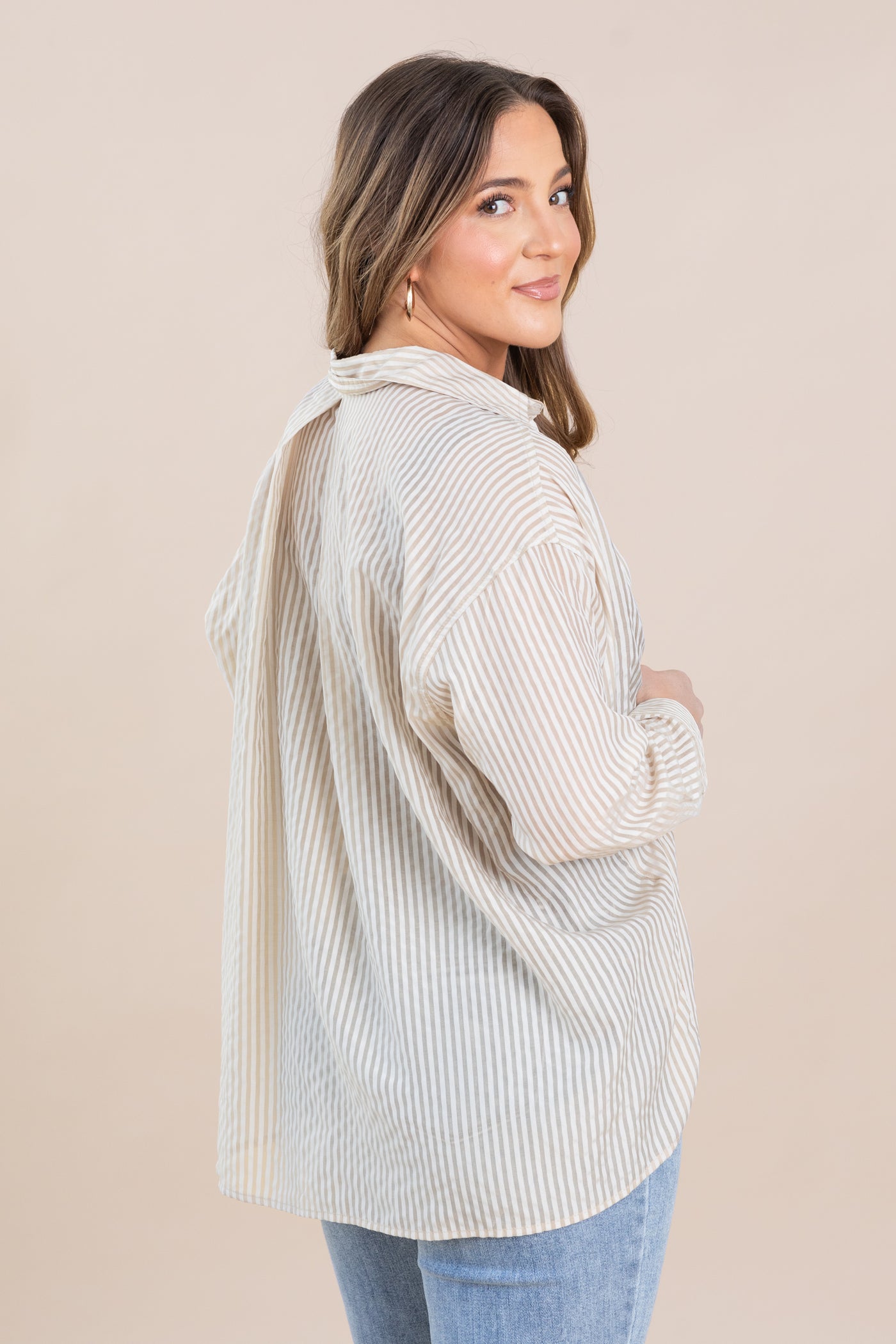 Light Khaki Stripe Sheer Oversized Button Down